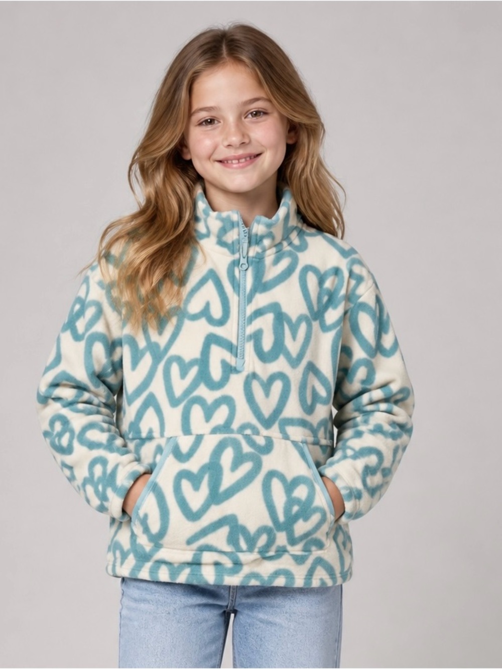 Athletic Works Cream & Teal Heart-Print Half-Zip Fleece Pullover